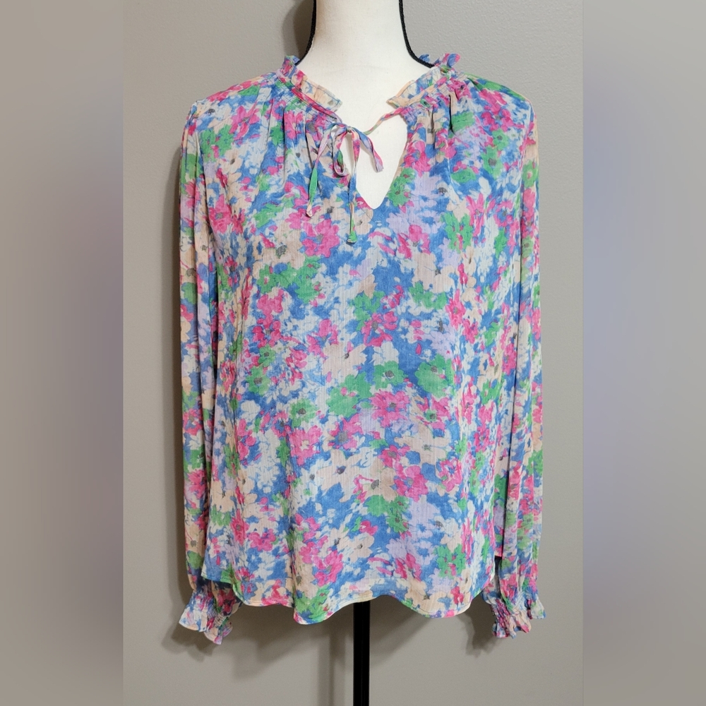 cupcakes & cashmere Floral Blouse in Blue, Pink, and Green